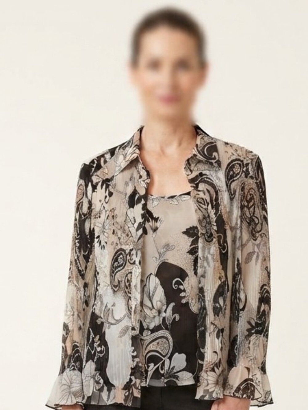 ​NICOLA Black Tan White Paisley Floral Pleated 2-Piece Twin Set Medium